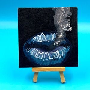 5”x5” Original Hand Painted Stretched Canvas Board w/Smoking Lips. Acryl…